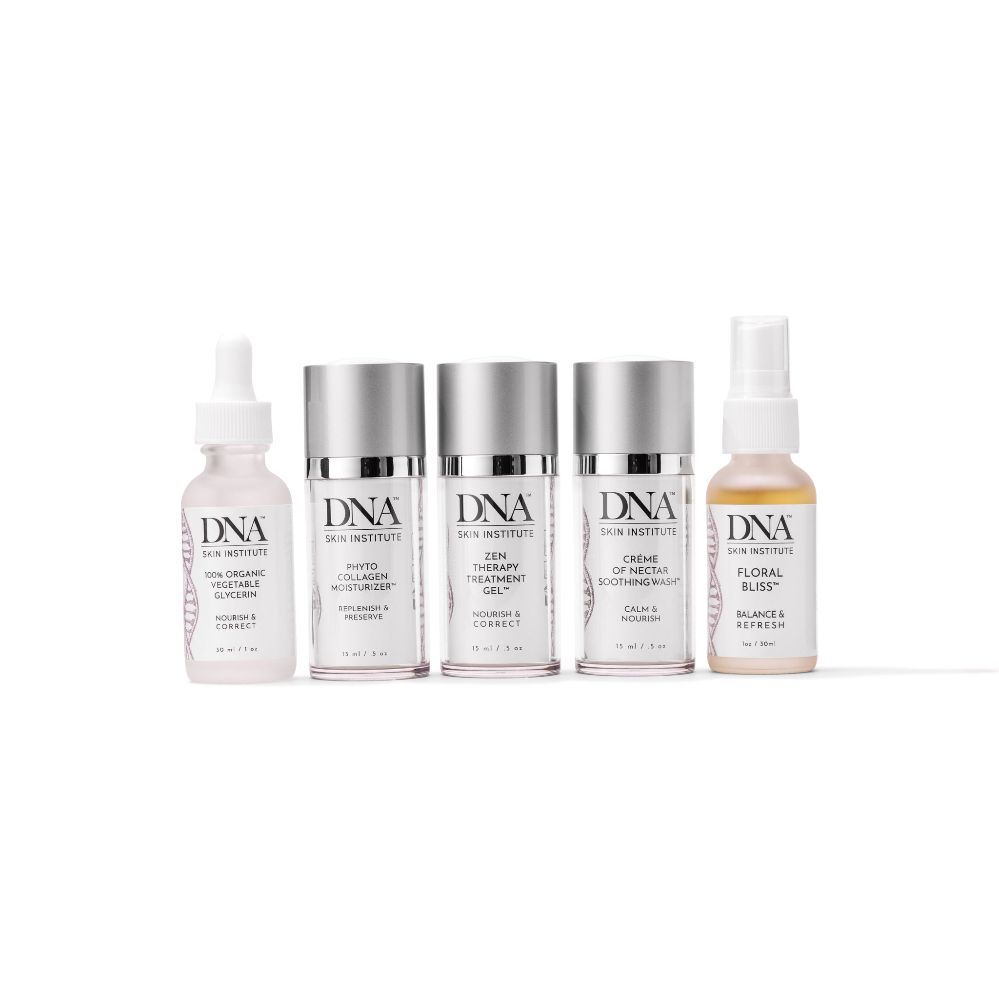 A set of five cosmetic products in travel sizes, labeled with their respective product names and volumes, displayed in a row against a white background.