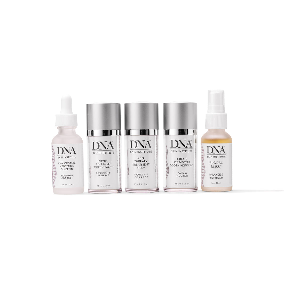 A set of five cosmetic products in travel sizes, labeled with their respective product names and volumes, displayed in a row against a white background.