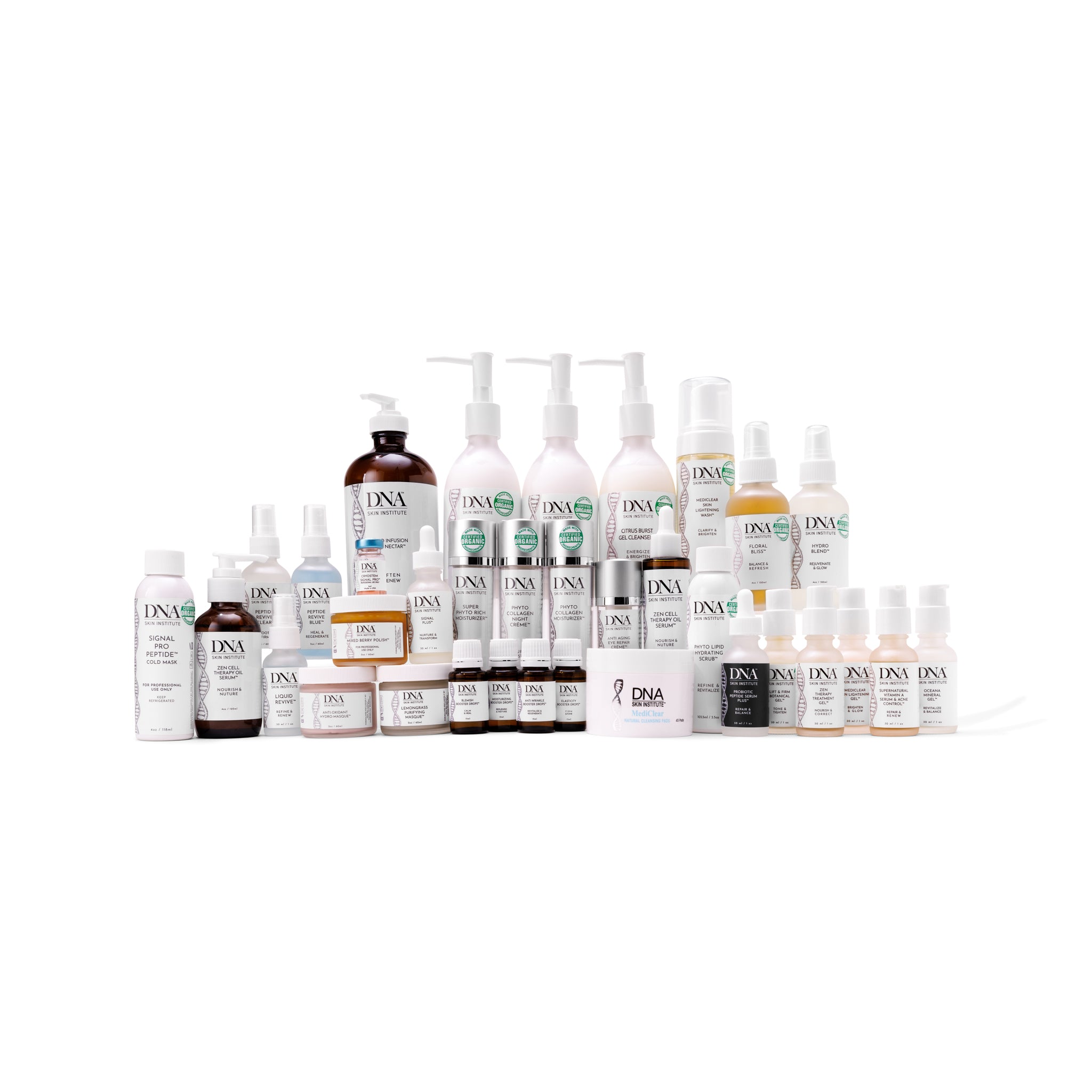 Assorted bottles of DNA skincare products on a white background